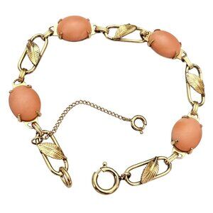 Gold Filled Coral Cabochon Chain Bracelet Leaf Paper Clip Oval Links C675
